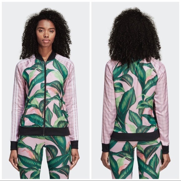 Adidas x Farm Rio Satin Bomber Track Jacket Full Zip pink Green Palm Leaves SM